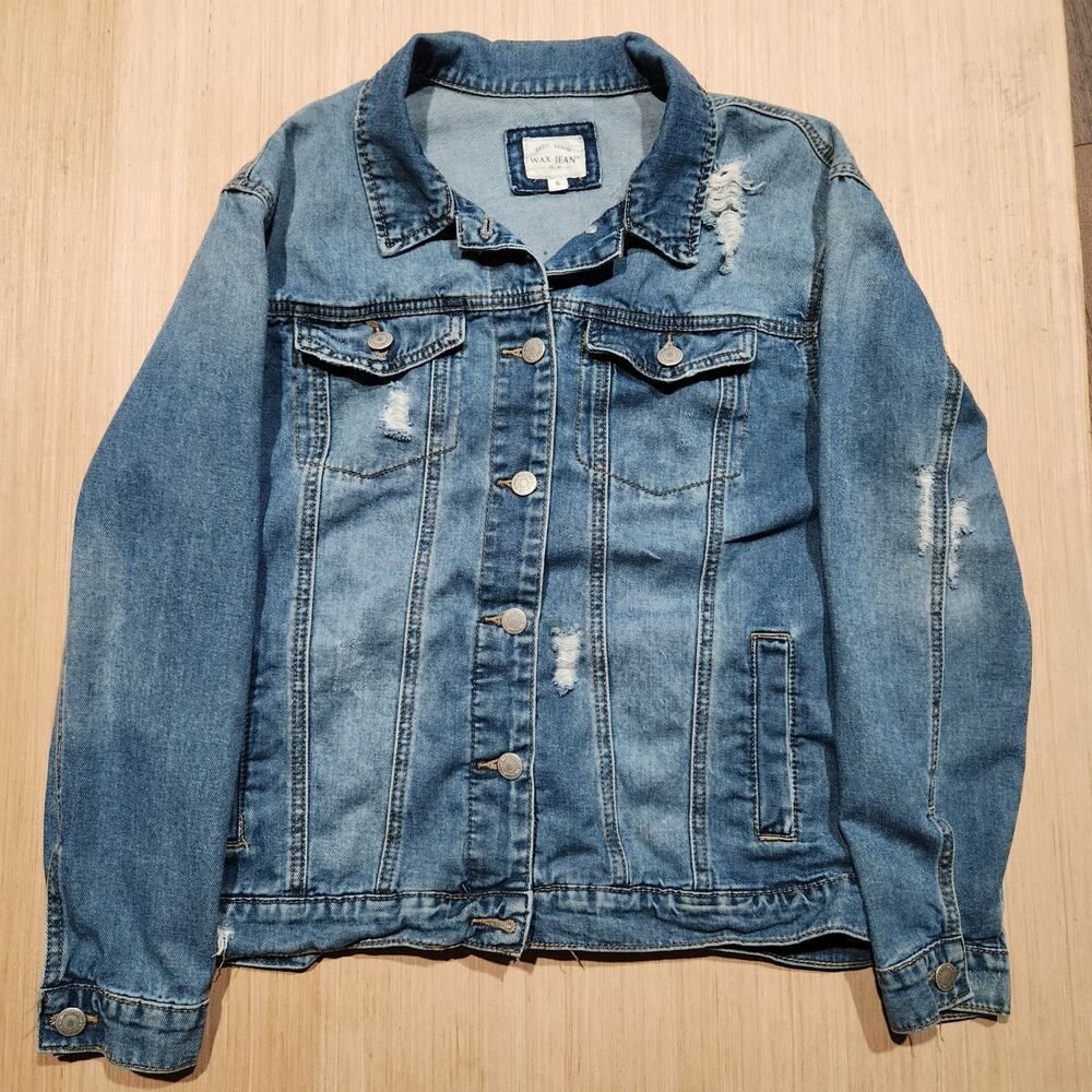 WAX JEAN Women’s S Distressed Denim Jacket Blue 100% Cotton Button Front Y2K